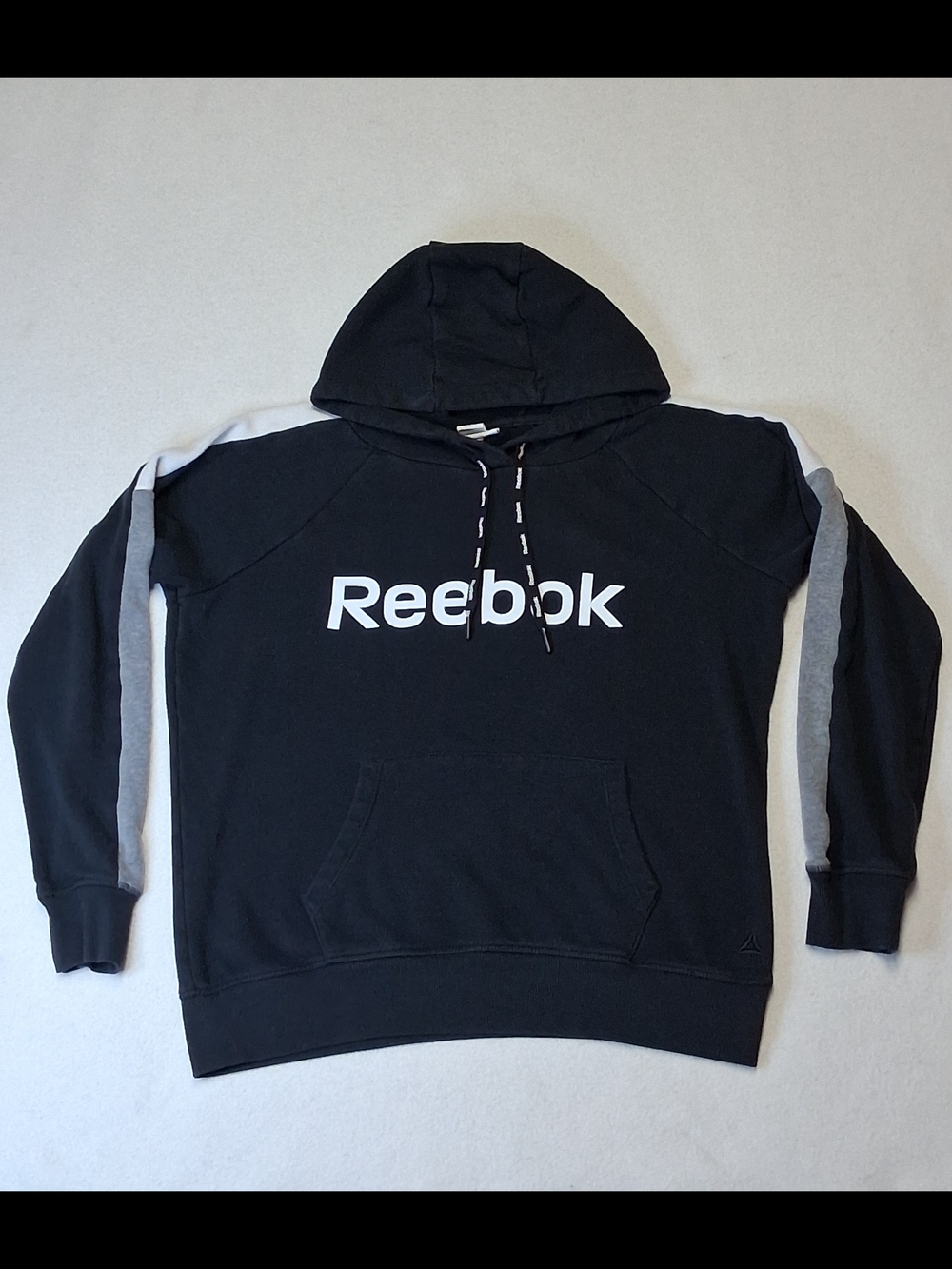 Reebok Black Hoodie with Grey Sleeve Stripes